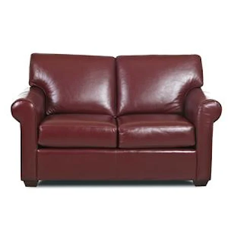 Transitional Loveseat with Rolled Arms and Exposed Wood Feet